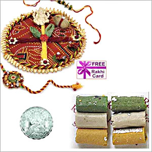  Rakhi Thali with 450 grams Kaju Roll and Free Silver Coin 