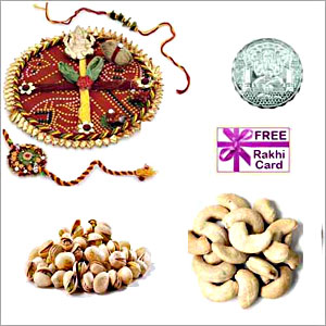  Rakhi Thali with 2 LB Pistachios Cashews and Free Silver Coin 