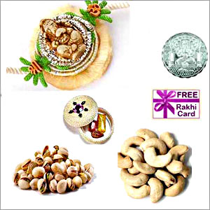  Rakhi with 225 Grams Pistachios and Cashews and Free Silver Coin 