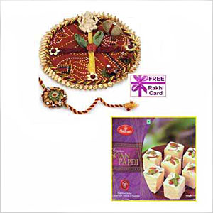  Rakhi Thali with One Rakhi and 250Gms. Haldirams Soan Papri   