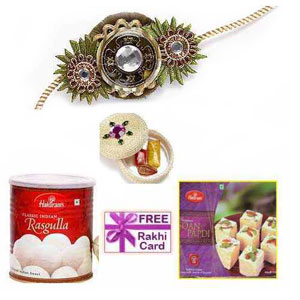  One Rakhi, 1 Kg. Haldirams Rasgulla with 250 Gms. Soan Papri  