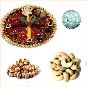  Bhai Dooj Thali with 2 LB Pistachios Cashews and Free Silver Coin 