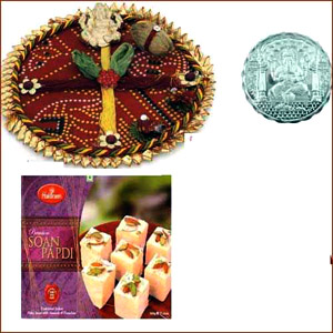  Bhai Dooj Thali with 500 grams Haldiram Soan Papadi and Free Silver Coin 