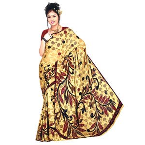  Send Leaf Design Fancy Crape Saree Mumbai 