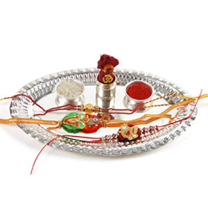 Oval Nakshi Thali with 3 Rakhi