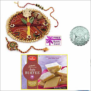  Rakhi Thali with Haldiram KAJU BURFEE and Free Silver Coin 
