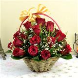 25 Red Roses in a Round Handle Basket