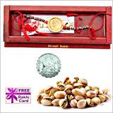 22K Gold Plated Rakhi with 50 grams Pistachios and Free Silver Coin 