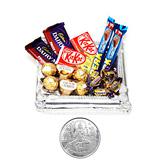 Send Silver Tray with chocolates With Diyas to India