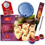 Diwali Wishes With Soan Papdi and Puja Material