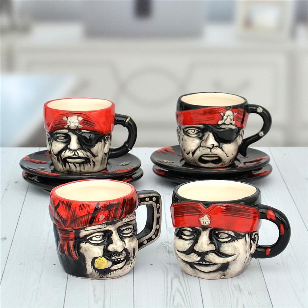 Pirate Cup and Saucer Set of Four, Crockery for Her on Valentines Day