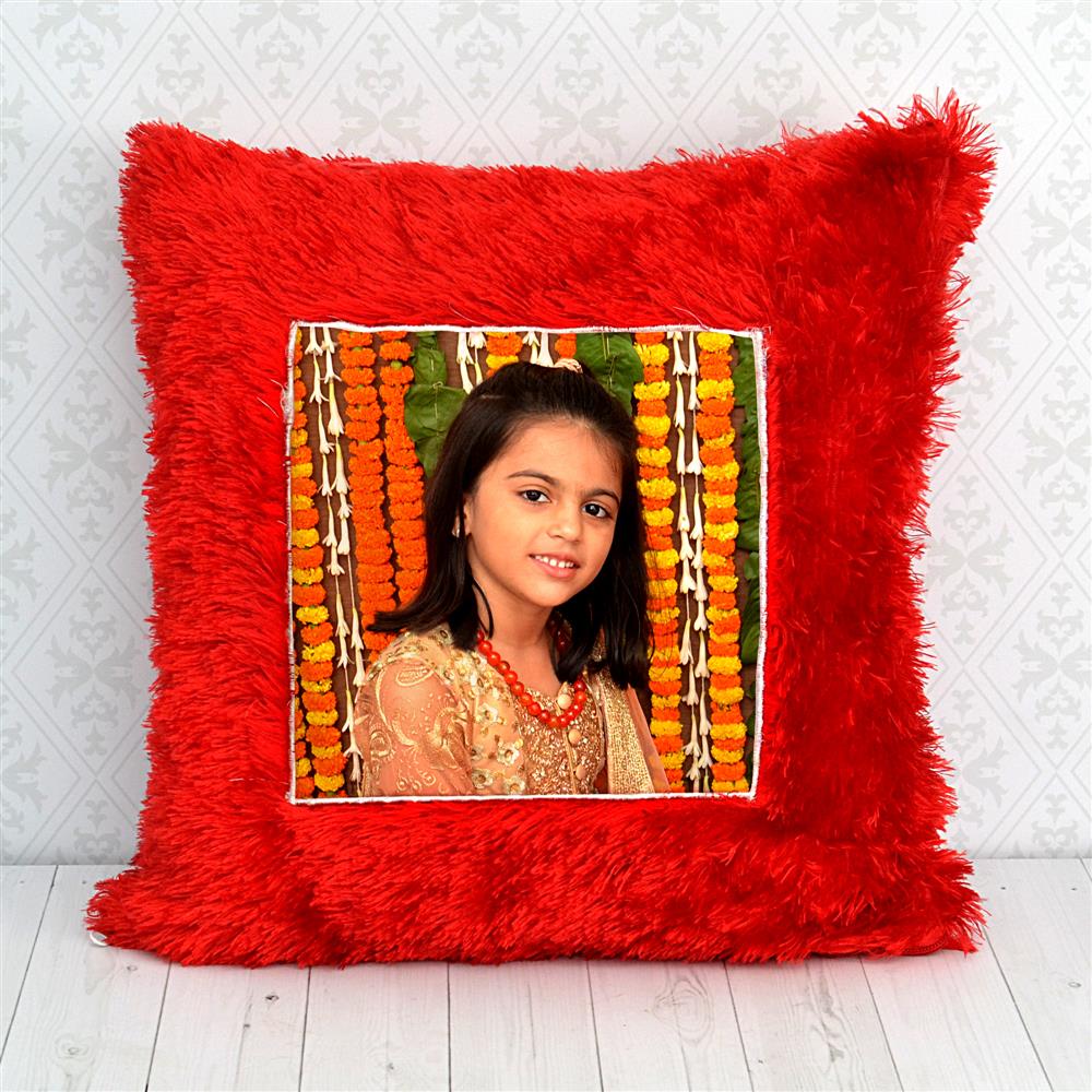 Red Fur Pillow On Rakhi, Personalised Rakhi Gifts on Rakhi