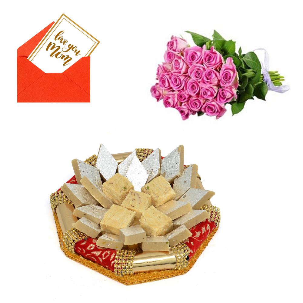 24 Pink Roses with Mithai Hampers for Mom, Mother's Day Gifts