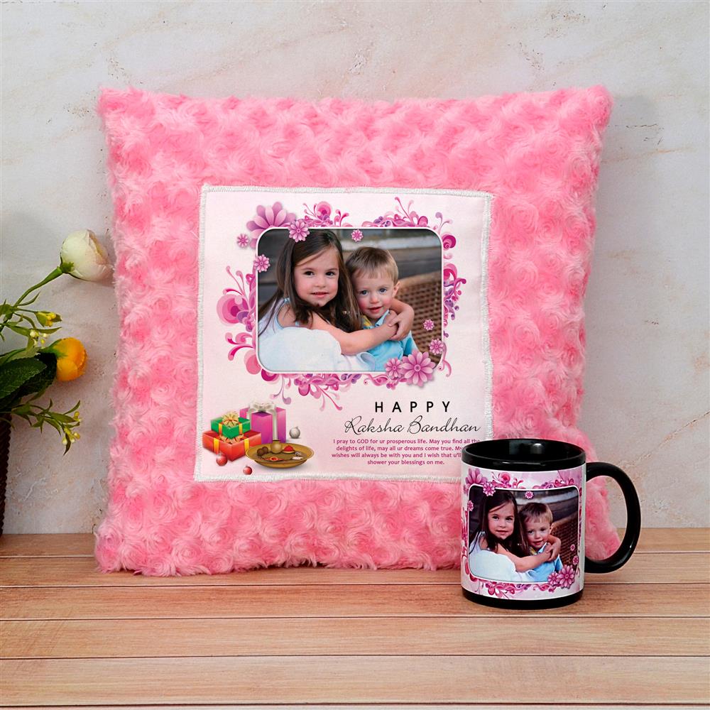 Pink Pillow & Black Mug Personalised Rakhi Combo, Rakhi Gift Hampers