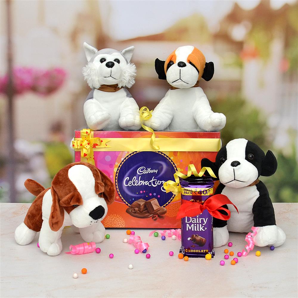5 Design Dog Soft Toys with Cadbury Celebrations & 5 Dairy Milk