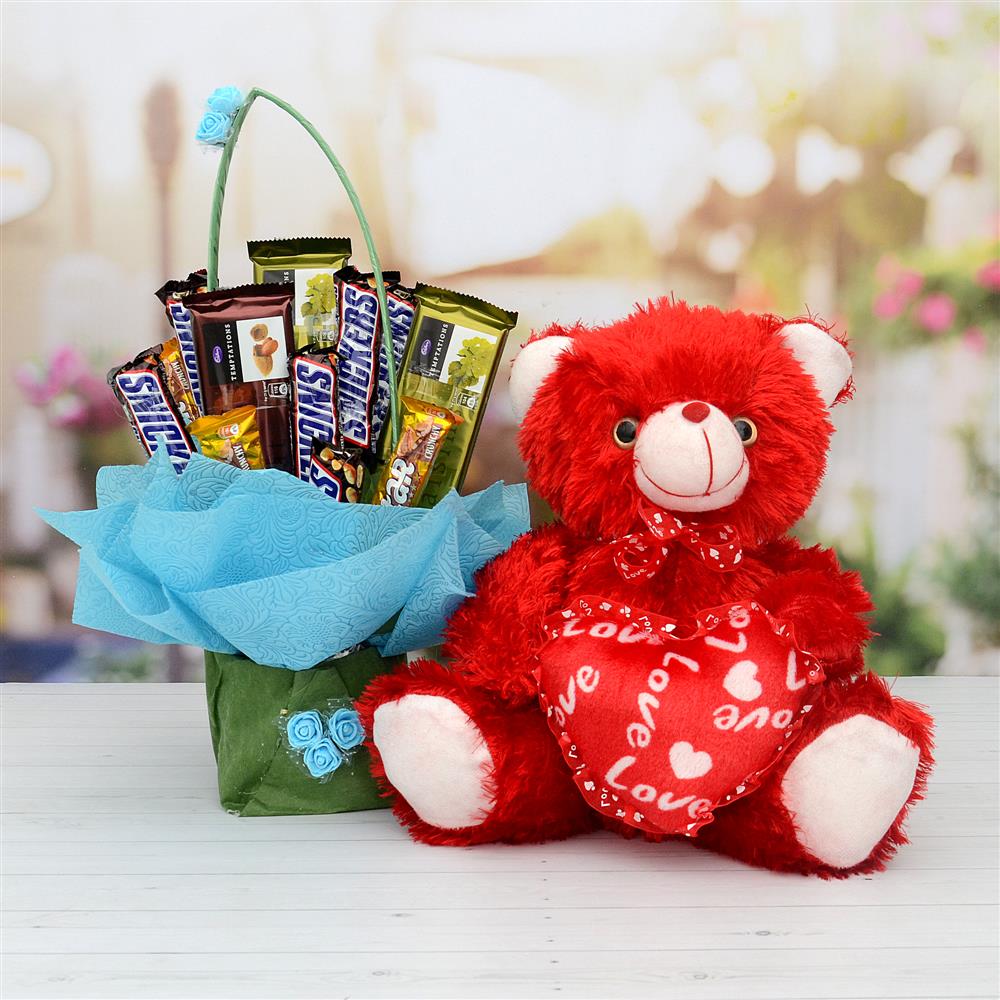 Chocolates Bouquet In A Basket With Red Teddy Valentine Hamper Him Chocolates Bouquet In A Basket With Red Teddy Valentine Hamper Him