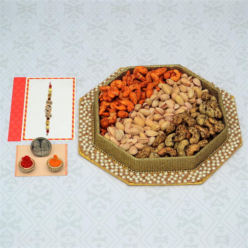 Rakhi Dry Fruits Thali 450gm Pista, Chili Masala Kaju with Green