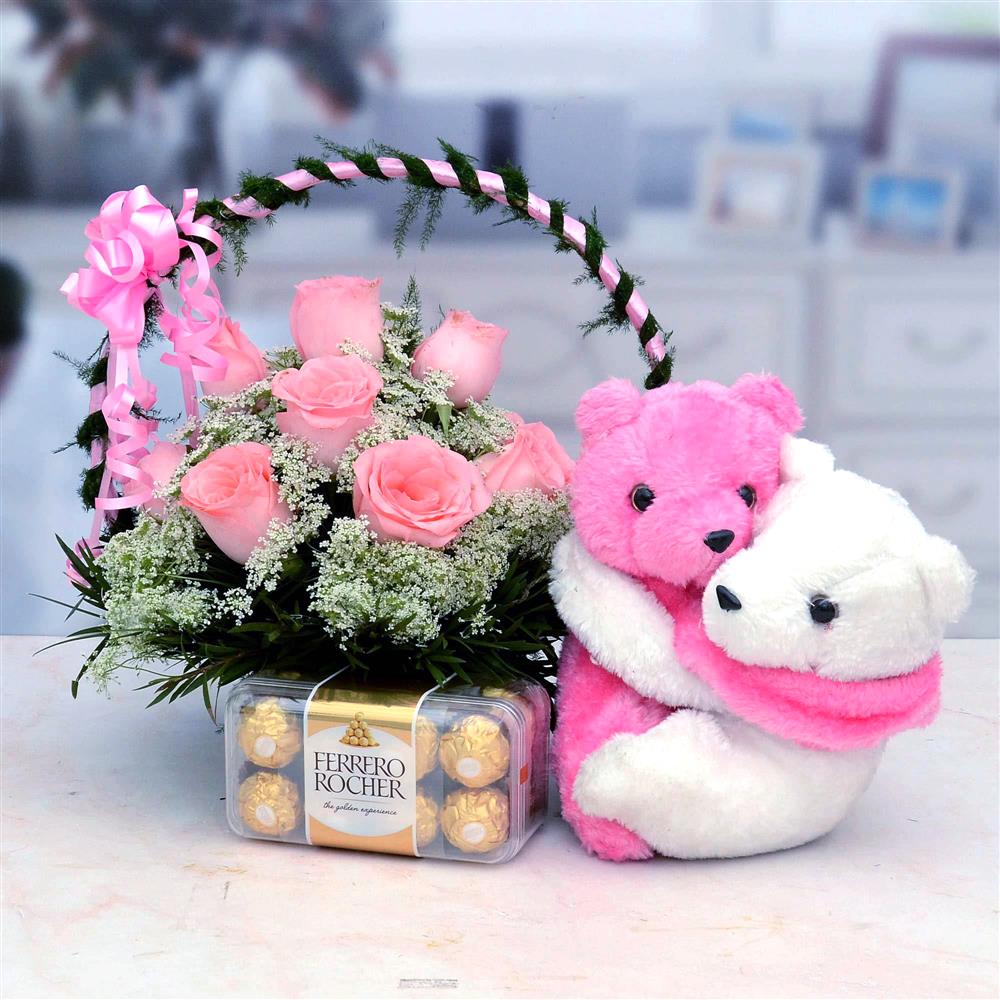 Hug Teddy With Ferrero Rocher Pink Rose Basket Valentine Hamper Him Hug Teddy With Ferrero Rocher Pink Rose Basket Valentine Hamper Him