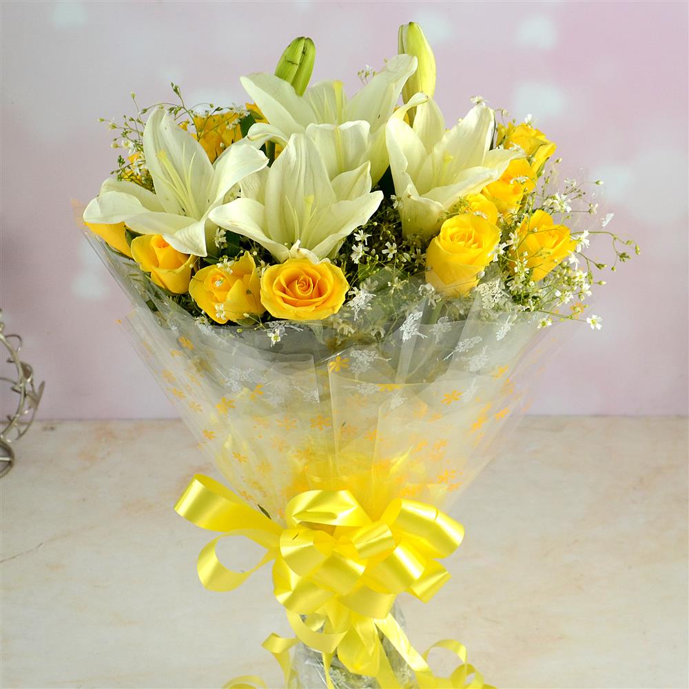 Yellow Rose & White Lily Bouquet