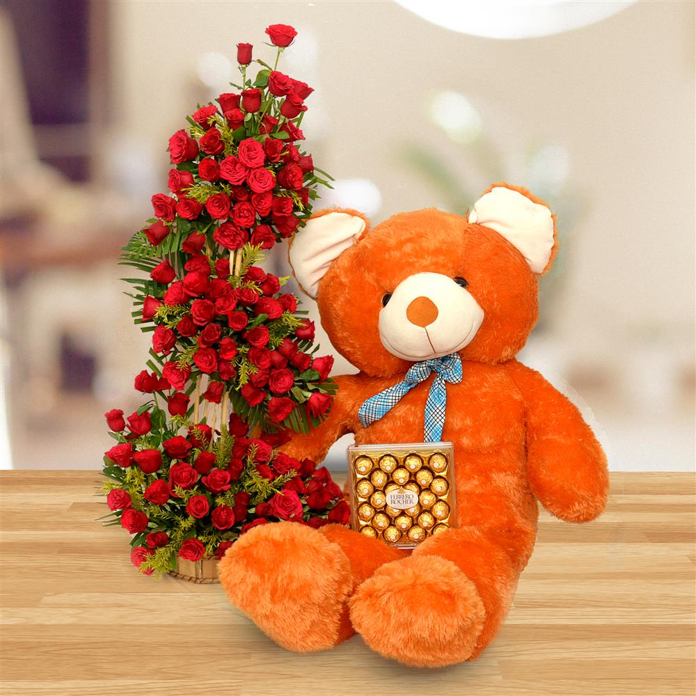 teddy bear with roses and chocolates