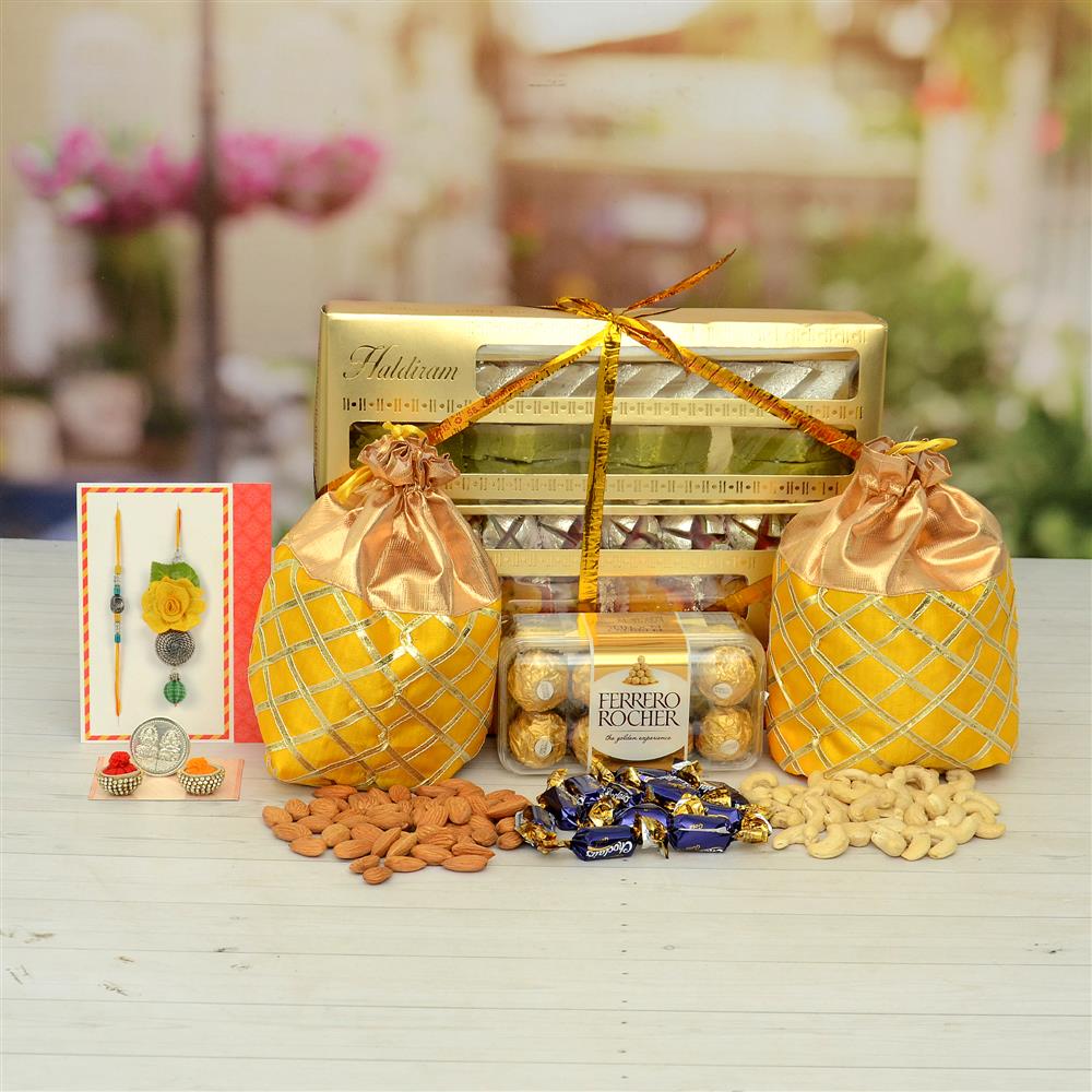 Triple Sweet Choco Dry fruits Hamper With Rakhi, Rakhi Gift Hampers for