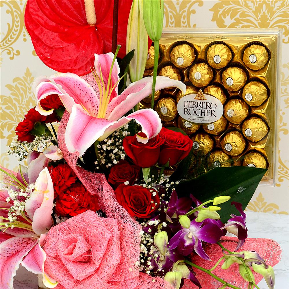 Flower Basket & Delectable Chocolate Combo Flower Hamper